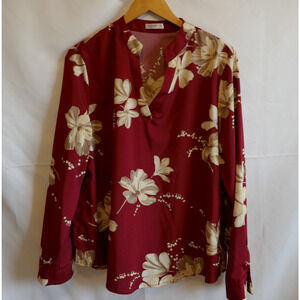Laqeyko Wine & Cream Floral Long Sleeve V Neck Pullover Tunic XL